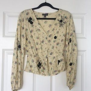 Pale Yellow Patterned Long Sleeve Button Down Top